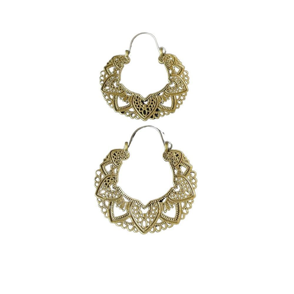 BOHO Earrings CHIC Gold Tone Flower Intricate Metal India Design Medallion 2”
